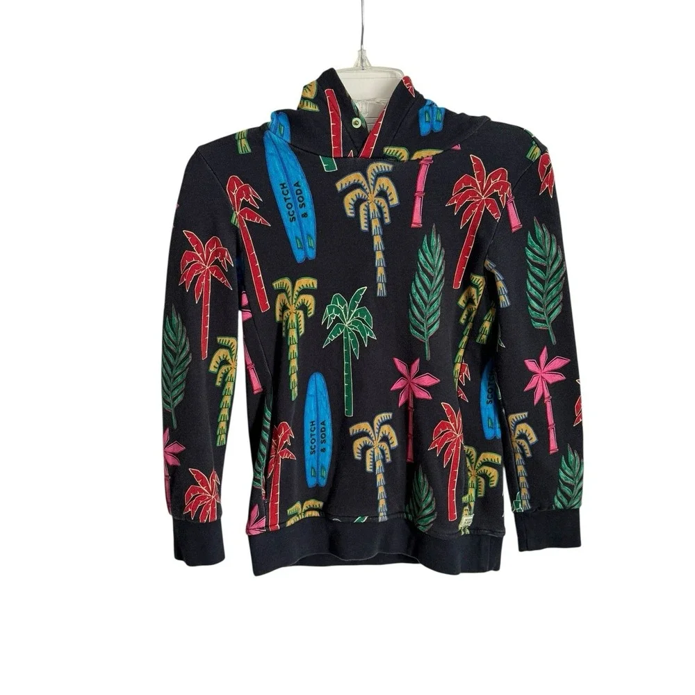 Scotch & Soda Vacation Shirt Black Hoodie Surf Palm Trees Pocket Logo Boys SZ 10